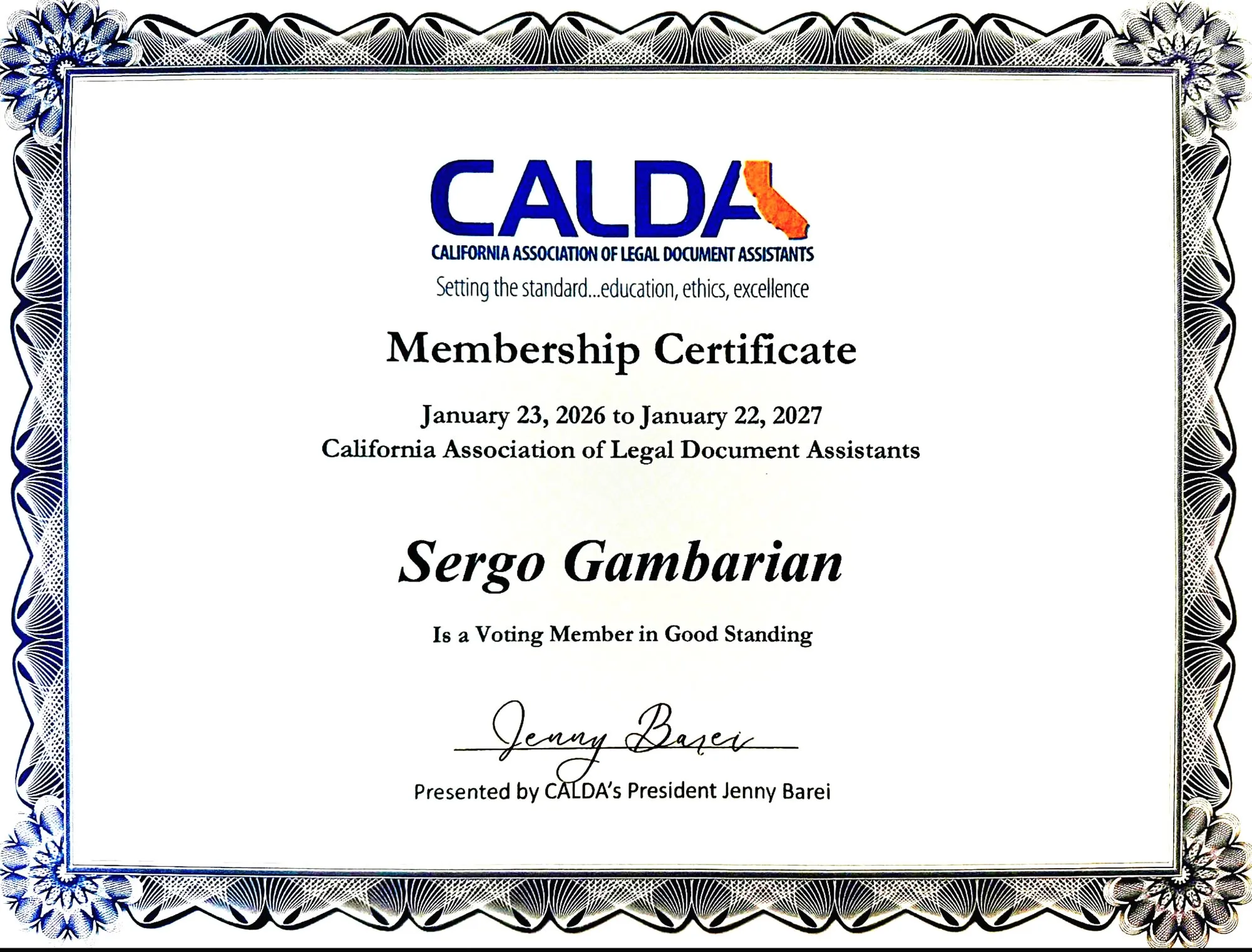 CALDA Membership Certificate – Sergo Gambarian 2026–2027